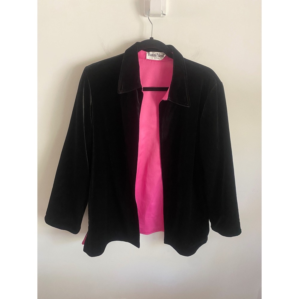 Ronni Nicole Black Velvet Open Front Jacket‎ Hot Pink Lining Womens Large